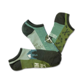 Three no-show socks in green and blue tones. Designs include a compass, outdoor gear, and mountain scenery.