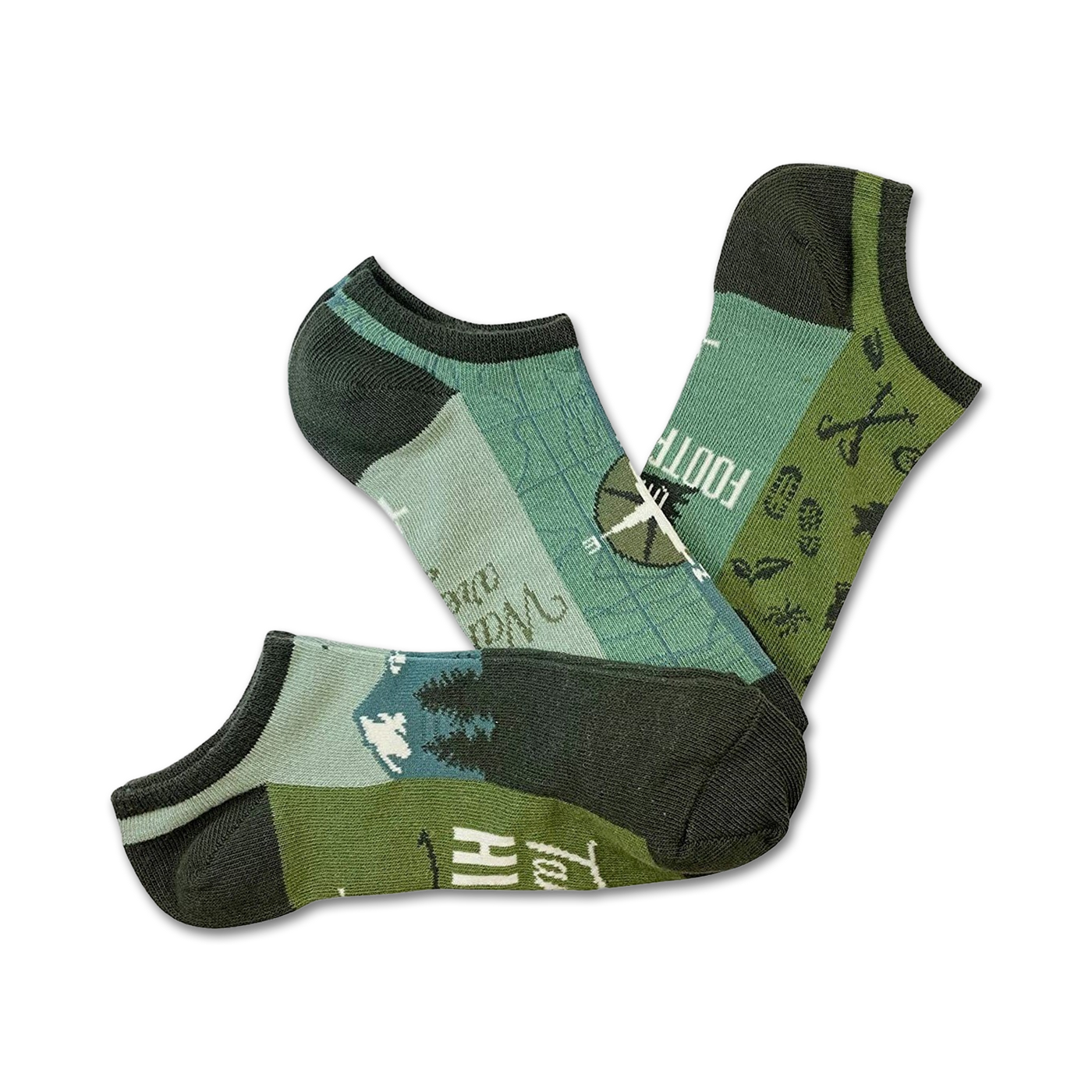 Three no-show socks in green and blue tones. Designs include a compass, outdoor gear, and mountain scenery.