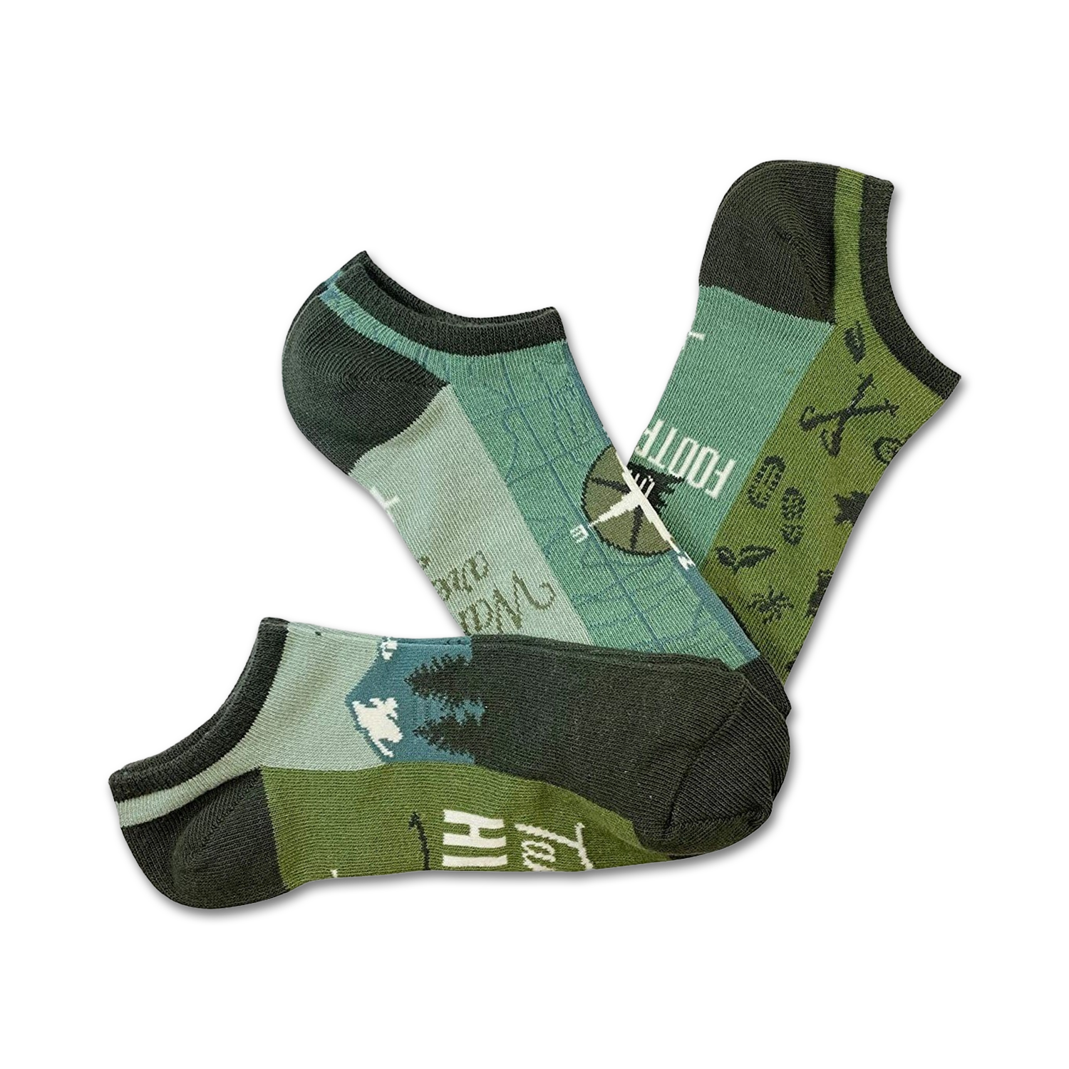Three no-show socks in green and blue tones. Designs include a compass, outdoor gear, and mountain scenery.