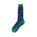 Navy crew sock featuring a pattern of golf clubs, white balls, and red tees with a green and navy argyle pattern on the foot.