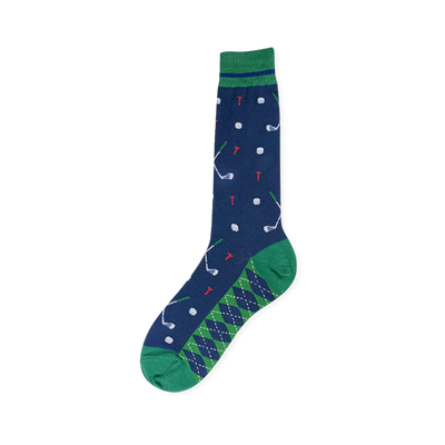 Navy crew sock featuring a pattern of golf clubs, white balls, and red tees with a green and navy argyle pattern on the foot.
