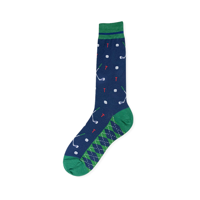 Navy crew sock featuring a pattern of golf clubs, white balls, and red tees with a green and navy argyle pattern on the foot. }}