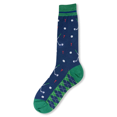 Navy crew sock featuring a pattern of golf clubs, white balls, and red tees with a green and navy argyle pattern on the foot.