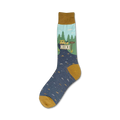 Crew socks in blue and mustard yellow.  Design includes a mountain scene, trees, and the words 'Take a Hike'.