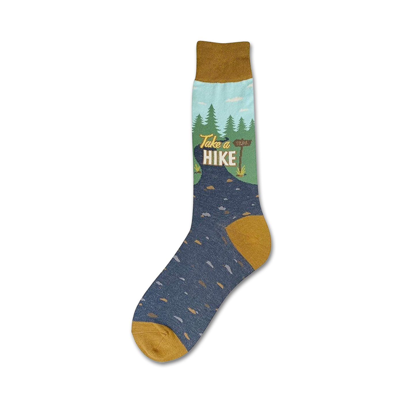 Crew socks in blue and mustard yellow.  Design includes a mountain scene, trees, and the words 'Take a Hike'.