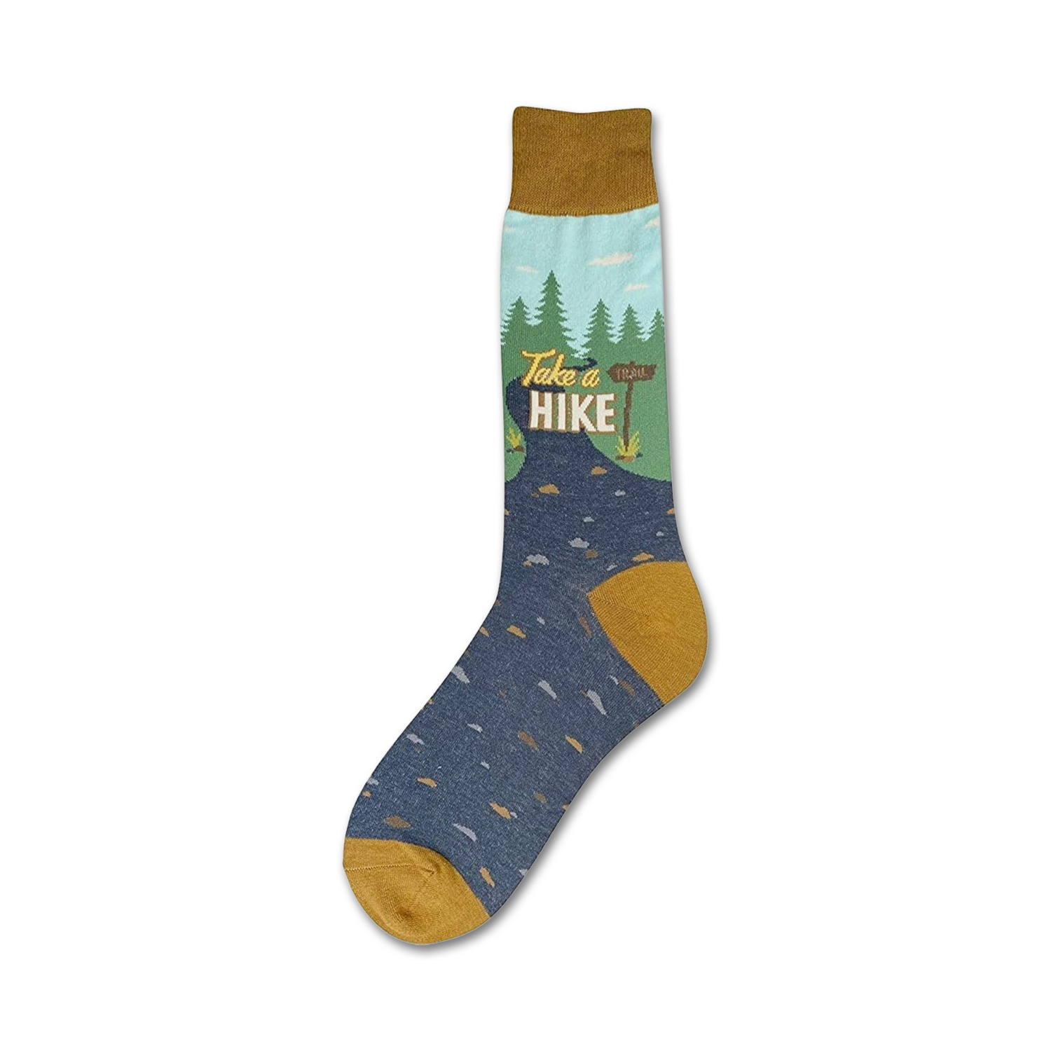 Crew socks in blue and mustard yellow.  Design includes a mountain scene, trees, and the words 'Take a Hike'.
