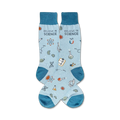Pair of light blue crew socks with teal cuffs.  The socks are adorned with science-themed illustrations: atoms, beakers, DNA strands, and the phrase 'Believe in Science'.
