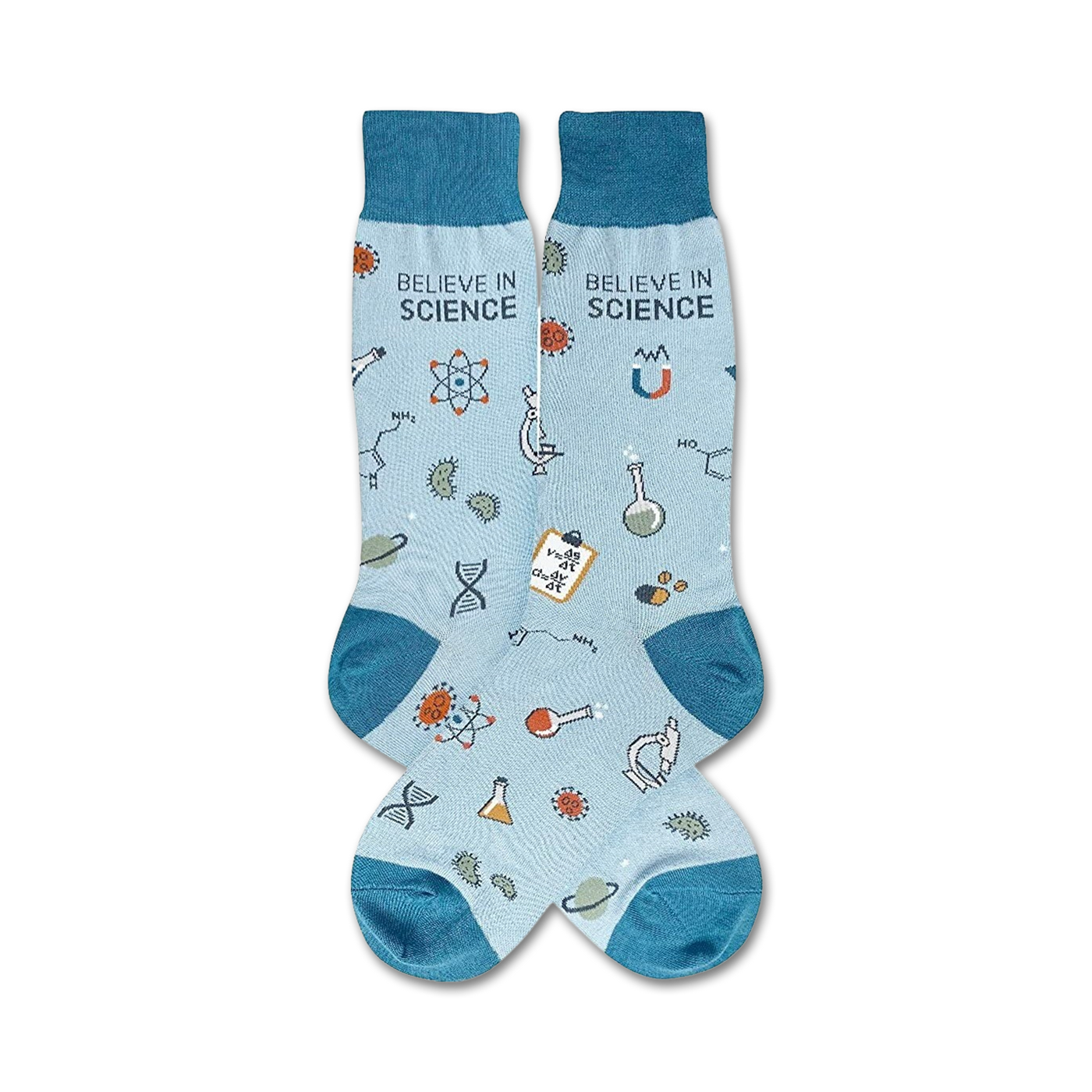 Pair of light blue crew socks with teal cuffs.  The socks are adorned with science-themed illustrations: atoms, beakers, DNA strands, and the phrase 'Believe in Science'.