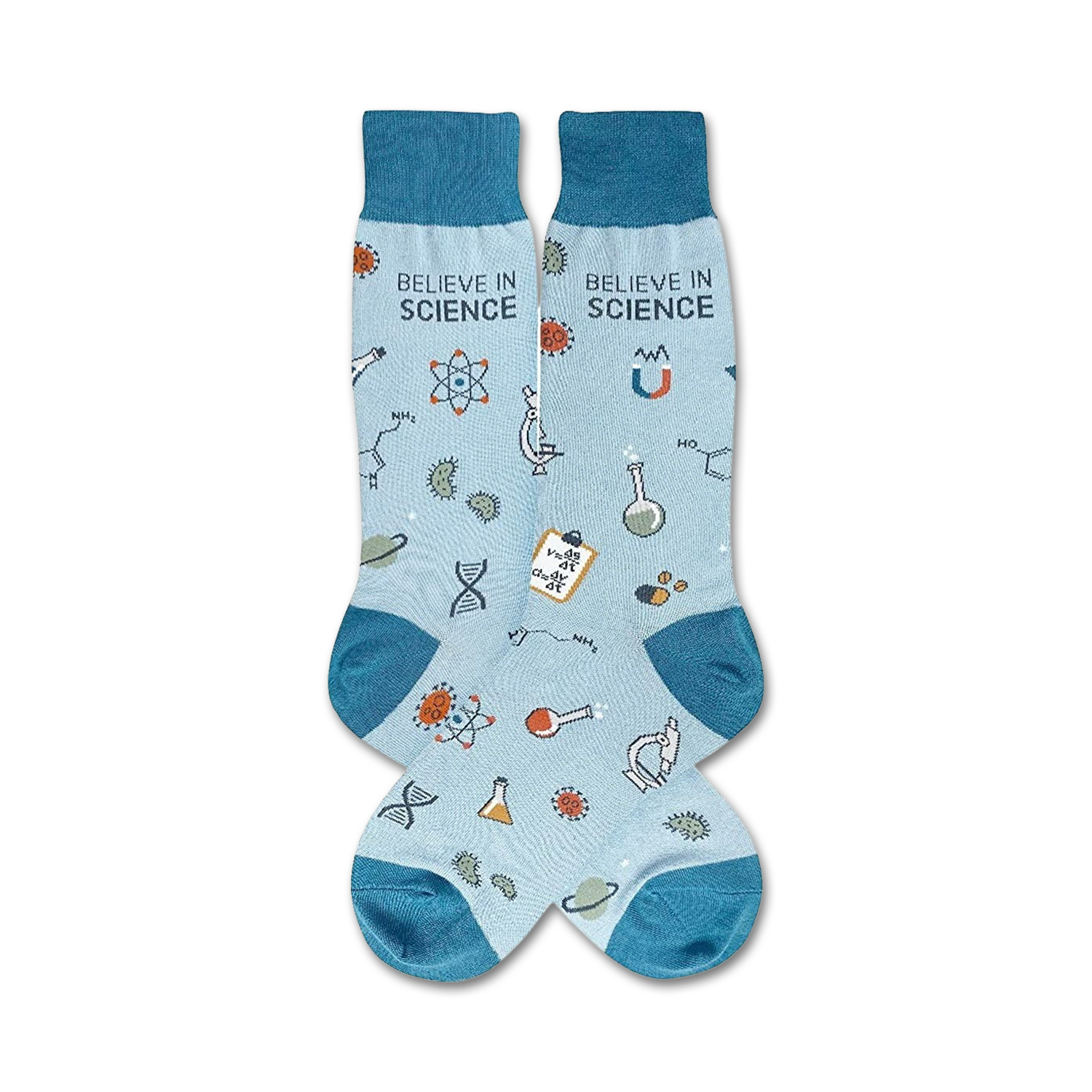 Pair of light blue crew socks with teal cuffs.  The socks are adorned with science-themed illustrations: atoms, beakers, DNA strands, and the phrase 'Believe in Science'.