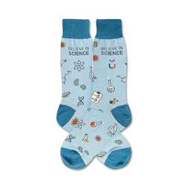 science-inspired men's crew socks. features scientific symbols, equations, and "believe in science" text.  