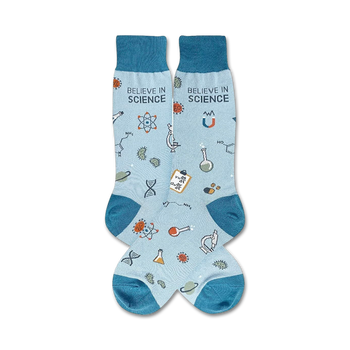 science-inspired men's crew socks. features scientific symbols, equations, and "believe in science" text.  