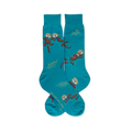 Teal crew socks showing a pattern of brown floating otters, green kelp, and text reading We need each otter near the toe.