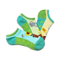 Three ankle socks in a 3-pack. Designs include sunflowers, watering cans, and gardening tools on a pastel green, yellow, and blue background.