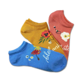 Three low-cut socks in a 3-pack.  Mustard yellow, coral pink, and light blue socks with floral designs and the word 'celebrate'.