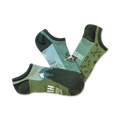 Three pairs of low-cut socks in green, blue, and gray. Designs include a compass, trees, and outdoor icons.
