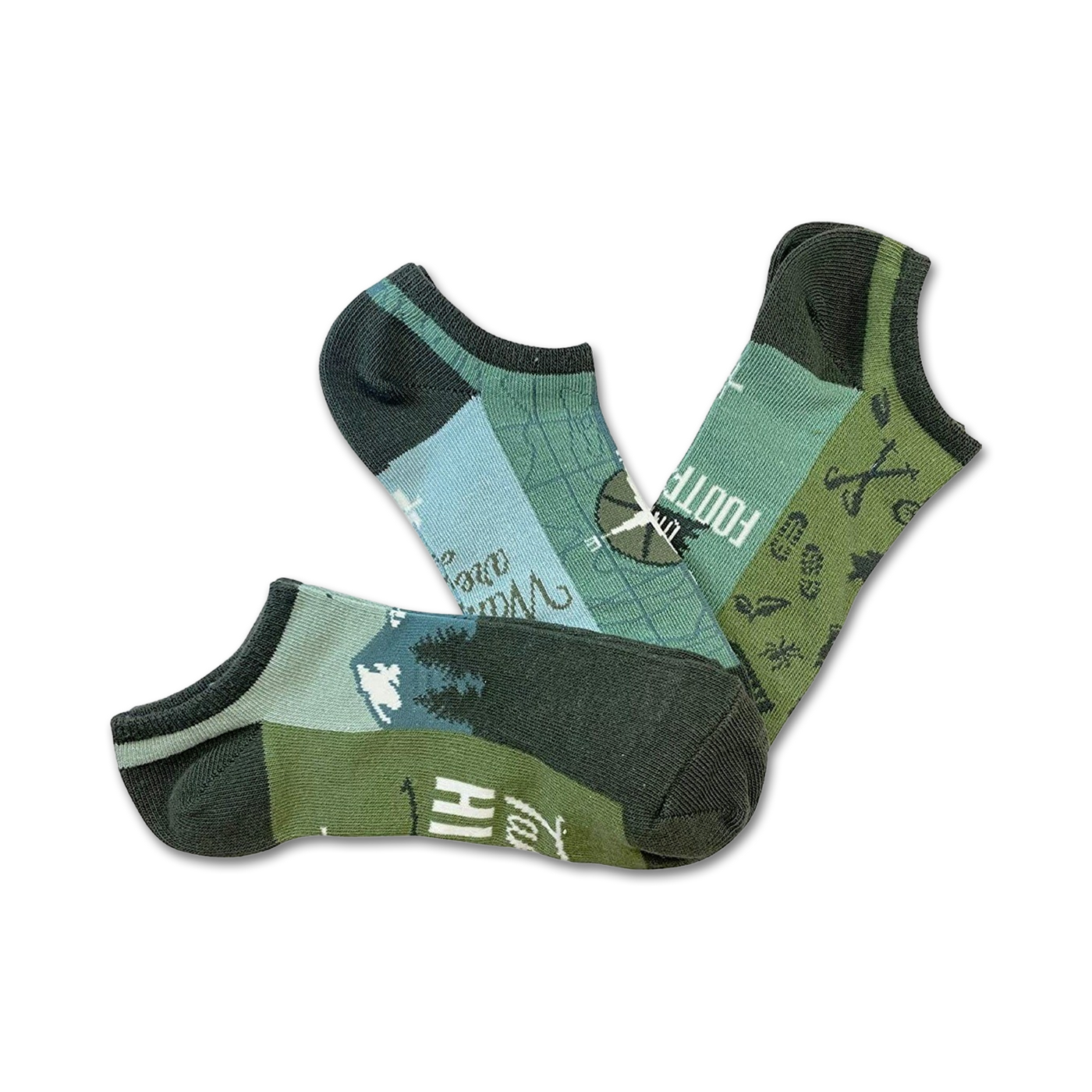 Three pairs of low-cut socks in green, blue, and gray. Designs include a compass, trees, and outdoor icons.