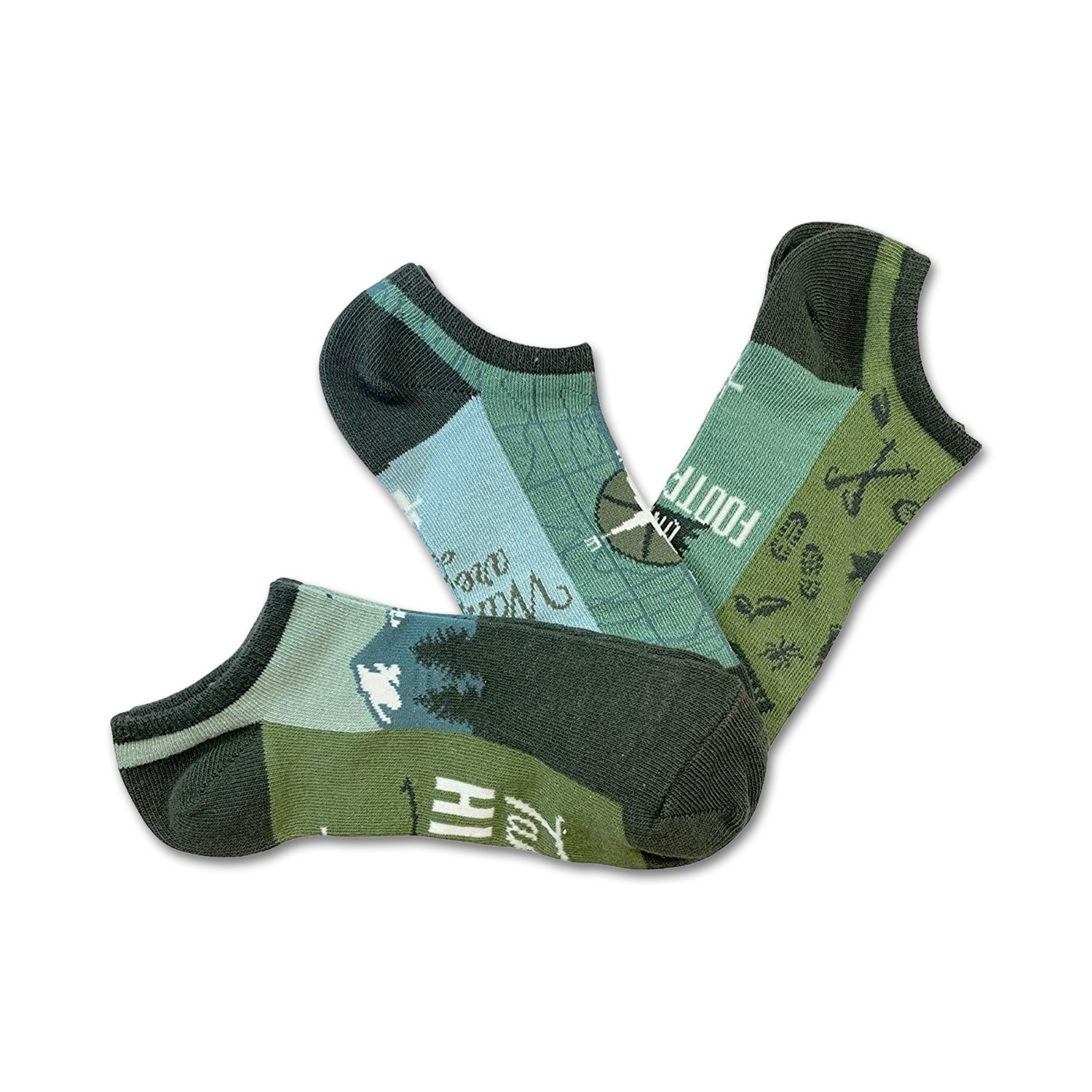 Three pairs of low-cut socks in green, blue, and gray. Designs include a compass, trees, and outdoor icons.