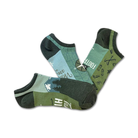 women's get outdoors 3-pack no-show socks: pine trees, mountains, and compass design in green, blue, and brown. hiking-inspired no-show socks.  