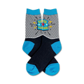 Pair of crew socks in grey with blue accents. The socks feature a comic-style 'Super Teacher' graphic with a star and lightning bolts.