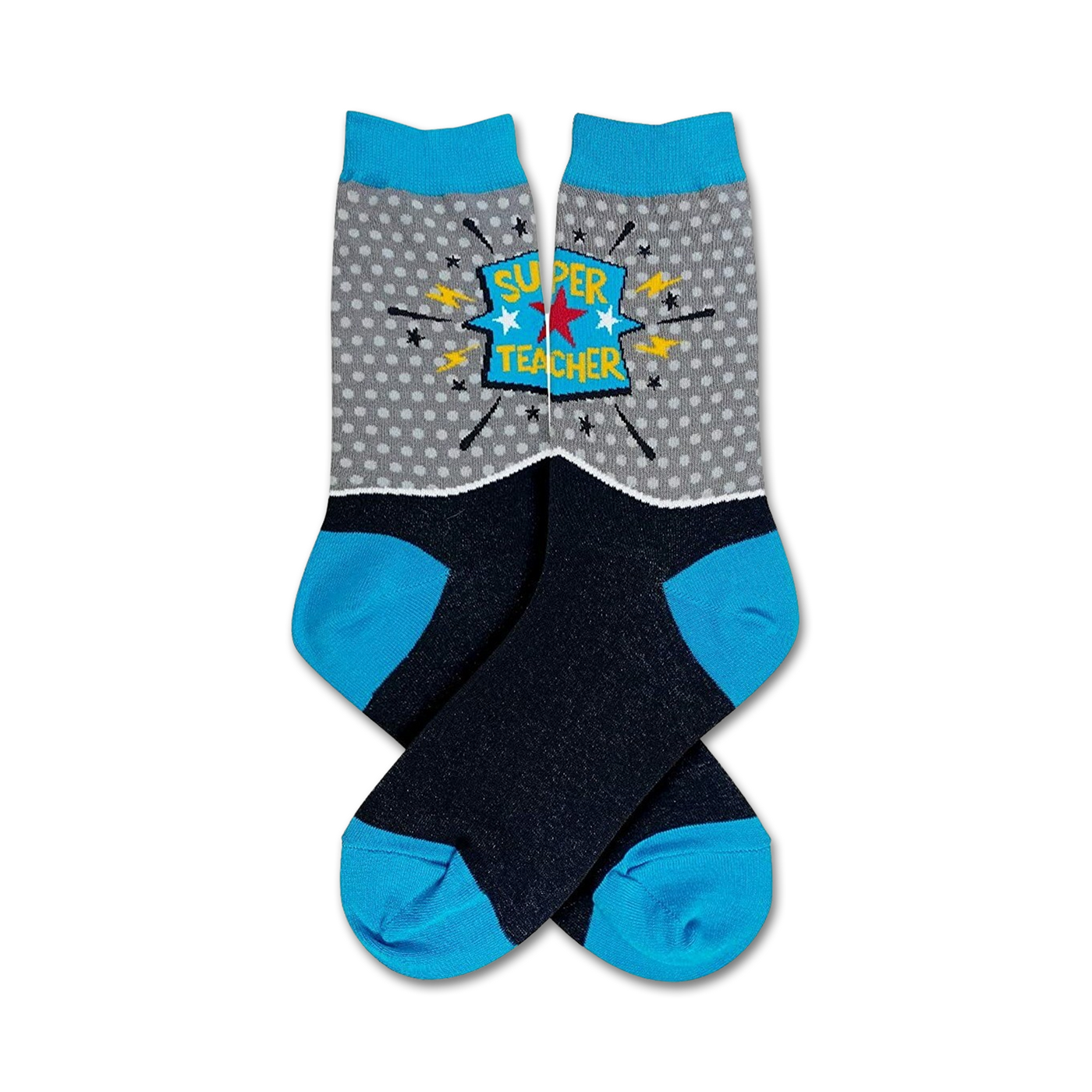Pair of crew socks in grey with blue accents. The socks feature a comic-style 'Super Teacher' graphic with a star and lightning bolts.