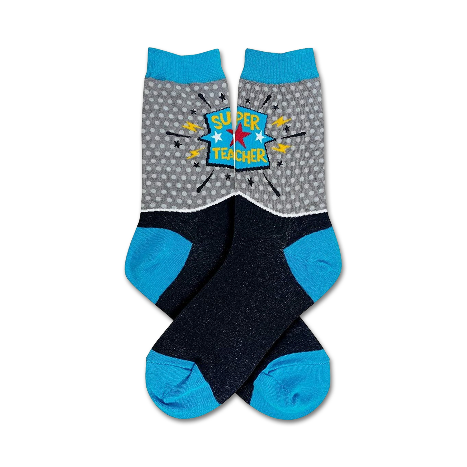 Pair of crew socks in grey with blue accents. The socks feature a comic-style 'Super Teacher' graphic with a star and lightning bolts.