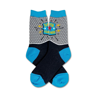 gray crew socks with light blue toes, heels, and cuffs. polka dot and lightning bolt pattern. "super teacher" displayed in a speech bubble.  