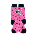 Pink crew socks with black cuffs.  The socks have a fun design with various small icons, stars, and the words 'Chaos Coordinator' in a speech bubble.