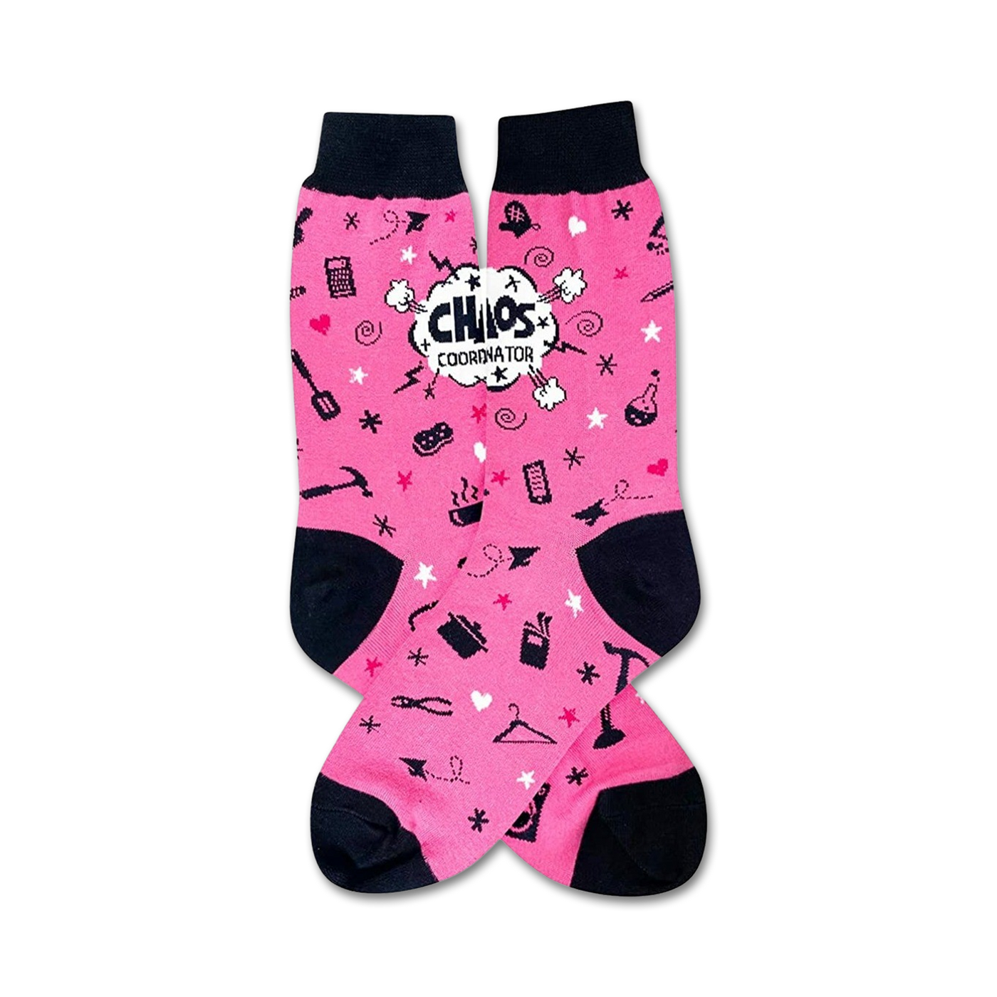 Pink crew socks with black cuffs.  The socks have a fun design with various small icons, stars, and the words 'Chaos Coordinator' in a speech bubble.