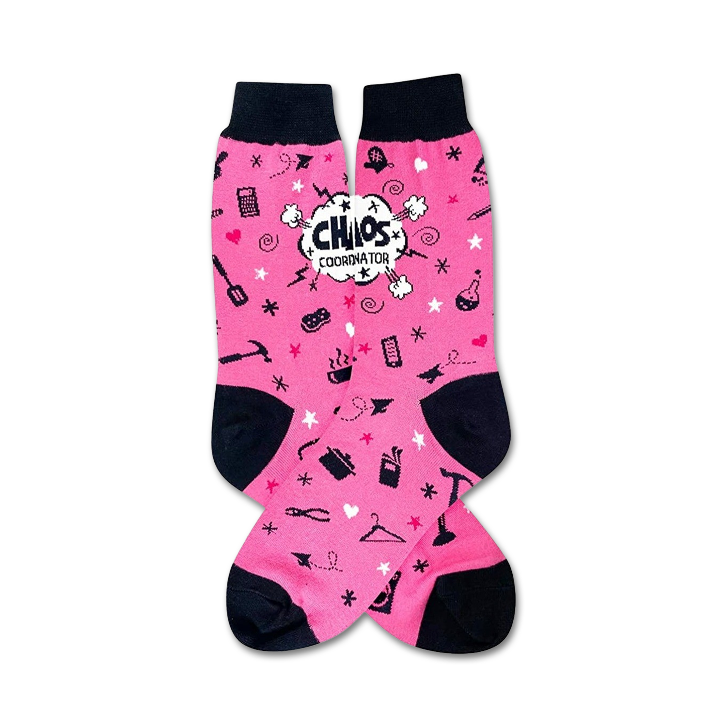Pink crew socks with black cuffs.  The socks have a fun design with various small icons, stars, and the words 'Chaos Coordinator' in a speech bubble.