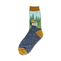 Crew socks in mustard yellow, teal, and navy blue. Design features a nature scene with trees and a 'Take a Hike' sign.