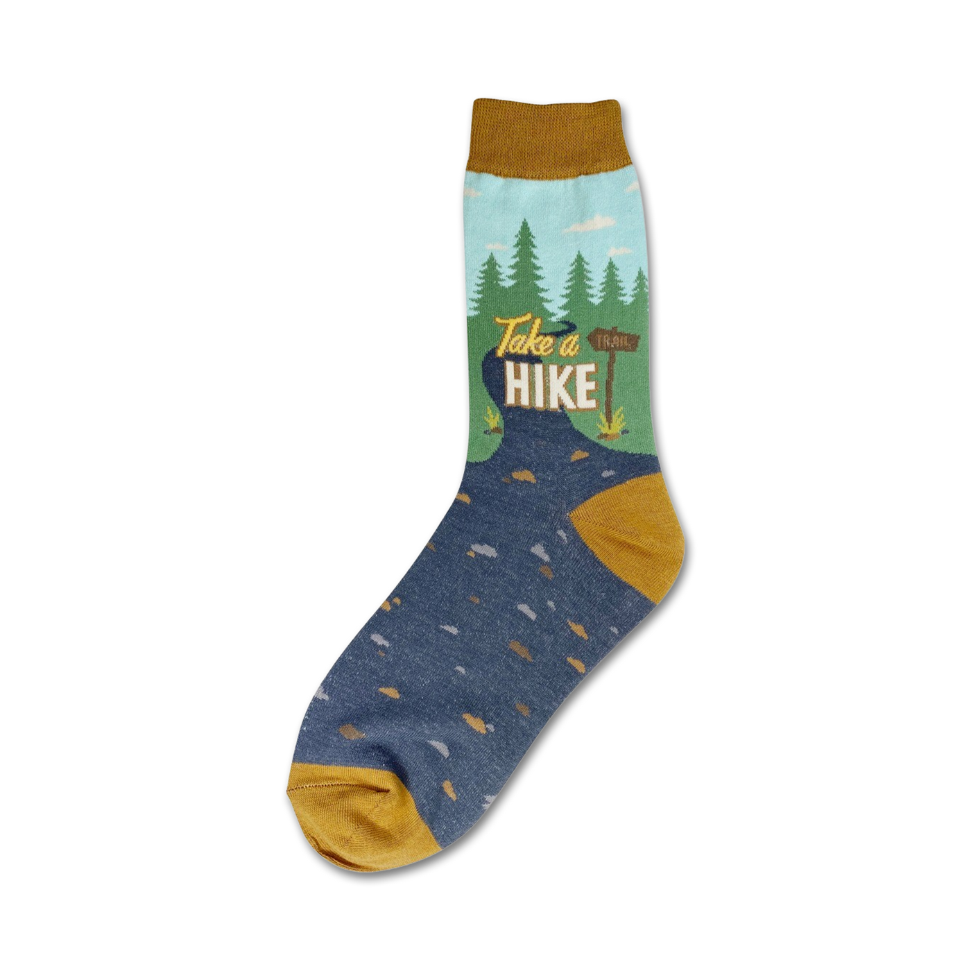 Crew socks in mustard yellow, teal, and navy blue. Design features a nature scene with trees and a 'Take a Hike' sign.