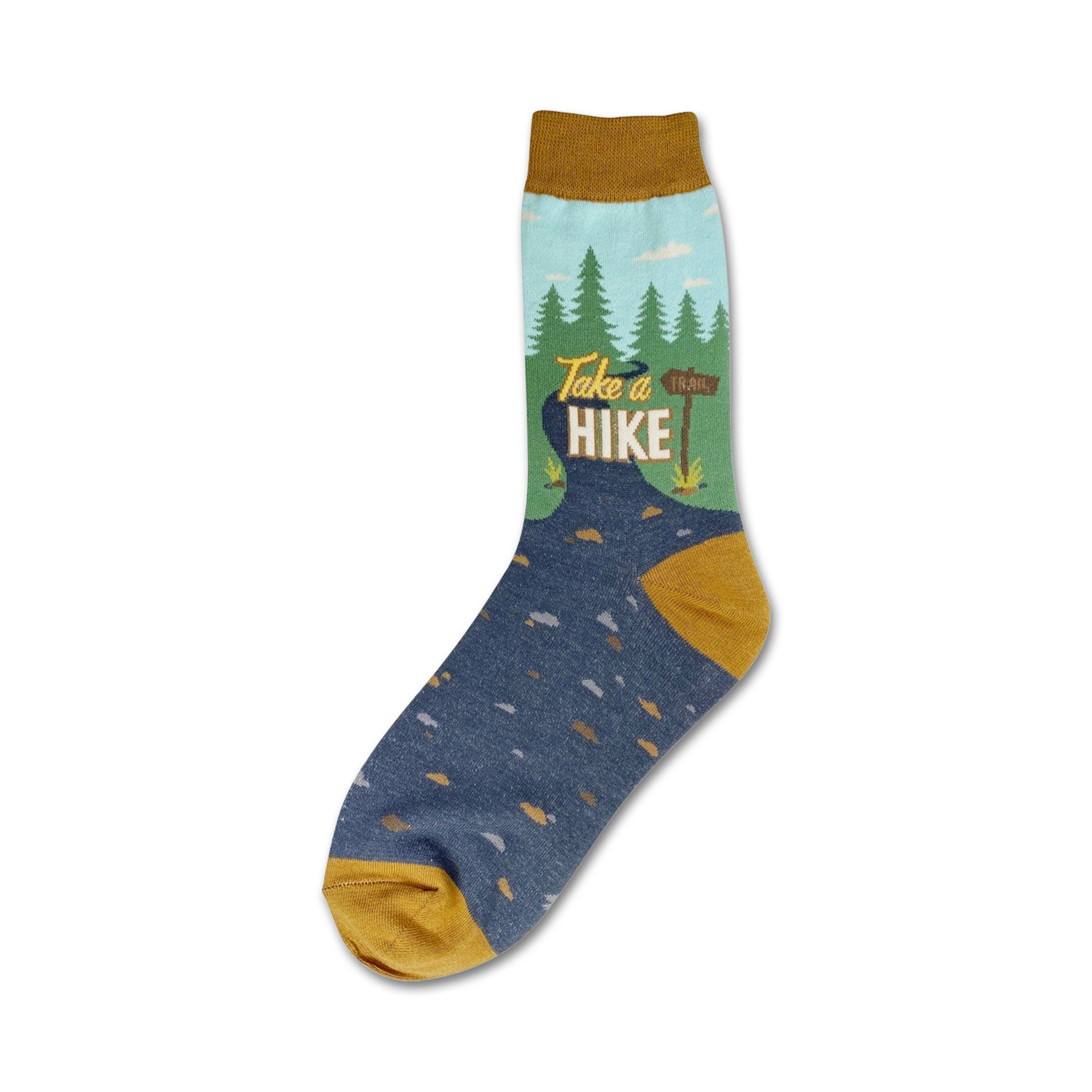 Crew socks in mustard yellow, teal, and navy blue. Design features a nature scene with trees and a 'Take a Hike' sign.