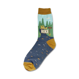 blue and brown hiking crew socks for women with "take a hike" text and trail graphic.   