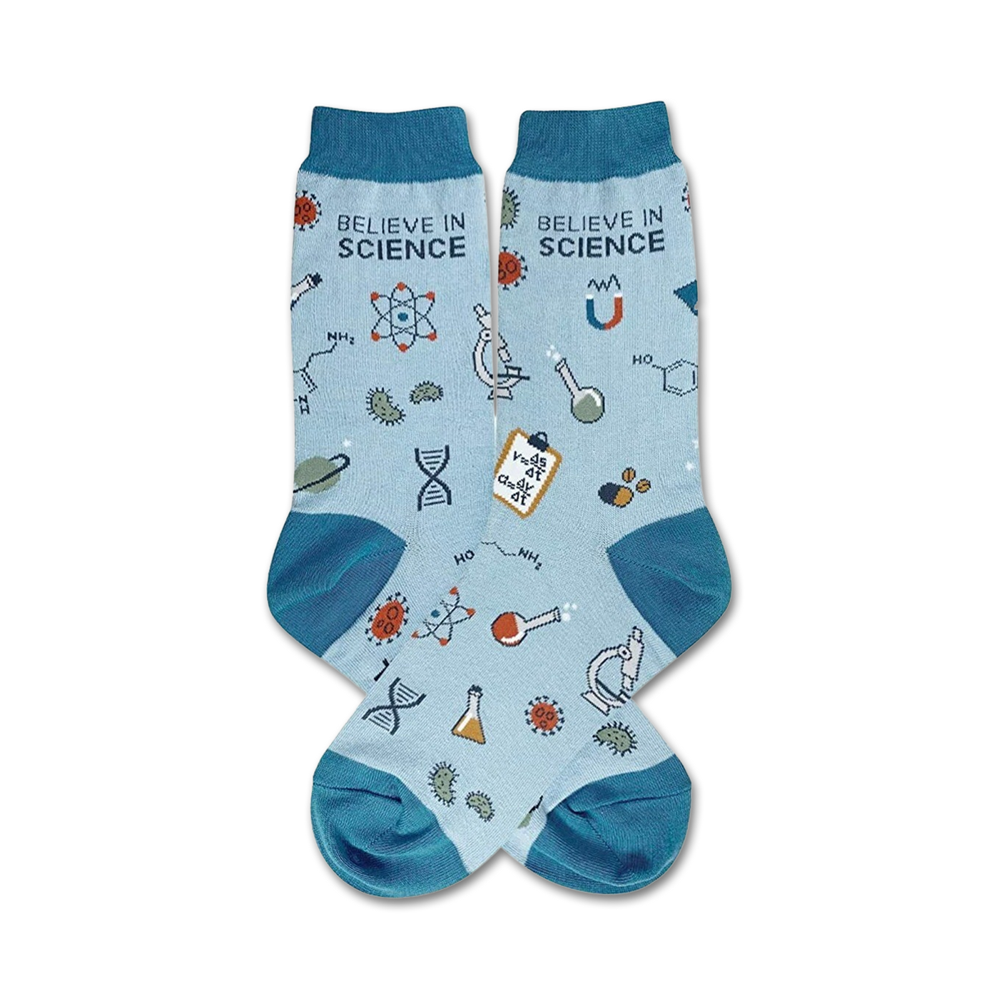 Pair of light blue crew socks with teal cuffs. Features science-themed illustrations: atoms, beakers, DNA strands, and the text 'Believe in Science'.