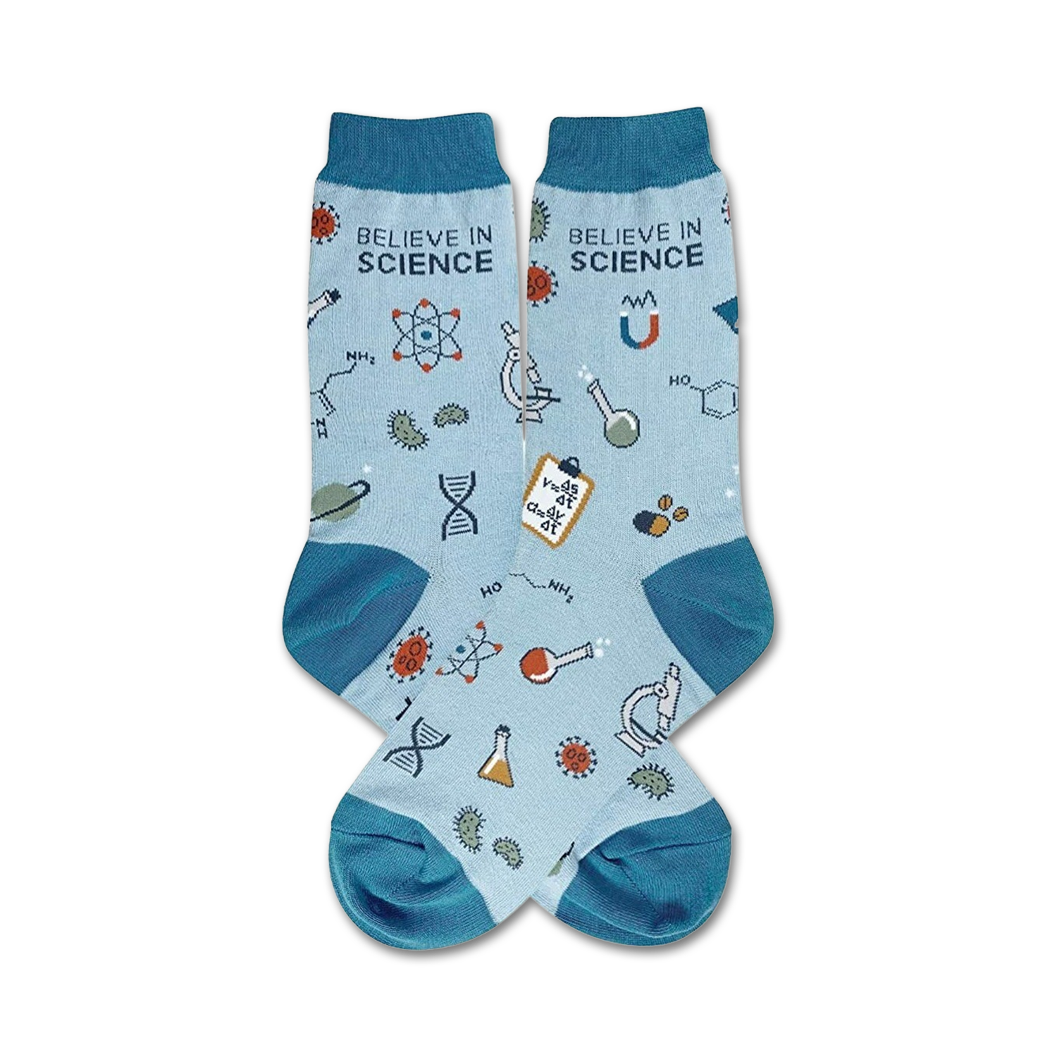 Pair of light blue crew socks with teal cuffs. Features science-themed illustrations: atoms, beakers, DNA strands, and the text 'Believe in Science'.