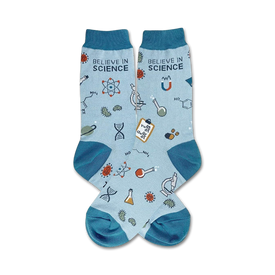 women's crew socks featuring science-related imagery and the phrase 'believe in science' knitted in yellow on the top cuff.  