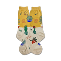 A pair of cream and mustard yellow crew socks with a fun illustration of succulents, cacti, and the phrases 'Life Succs' and 'Things Succ'.