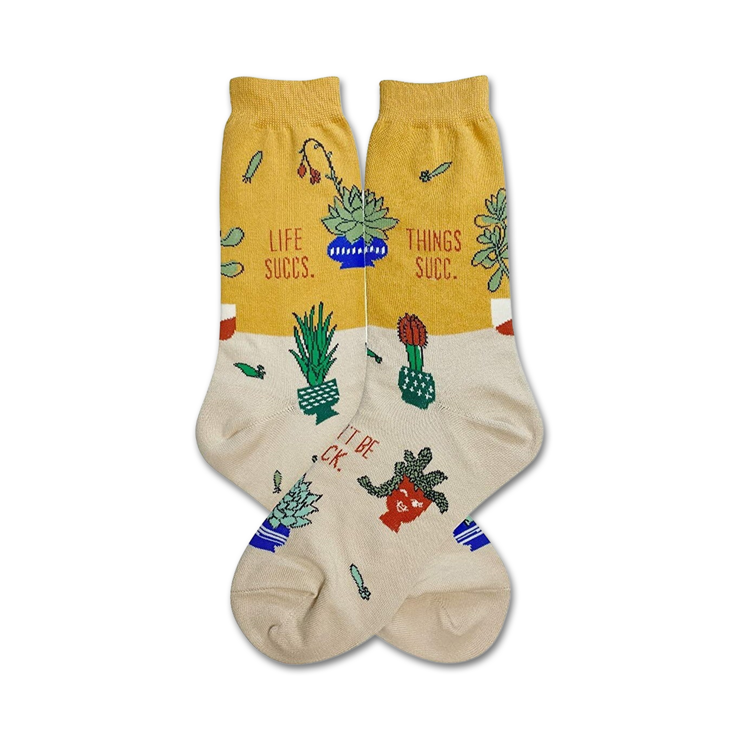 A pair of cream and mustard yellow crew socks with a fun illustration of succulents, cacti, and the phrases 'Life Succs' and 'Things Succ'.