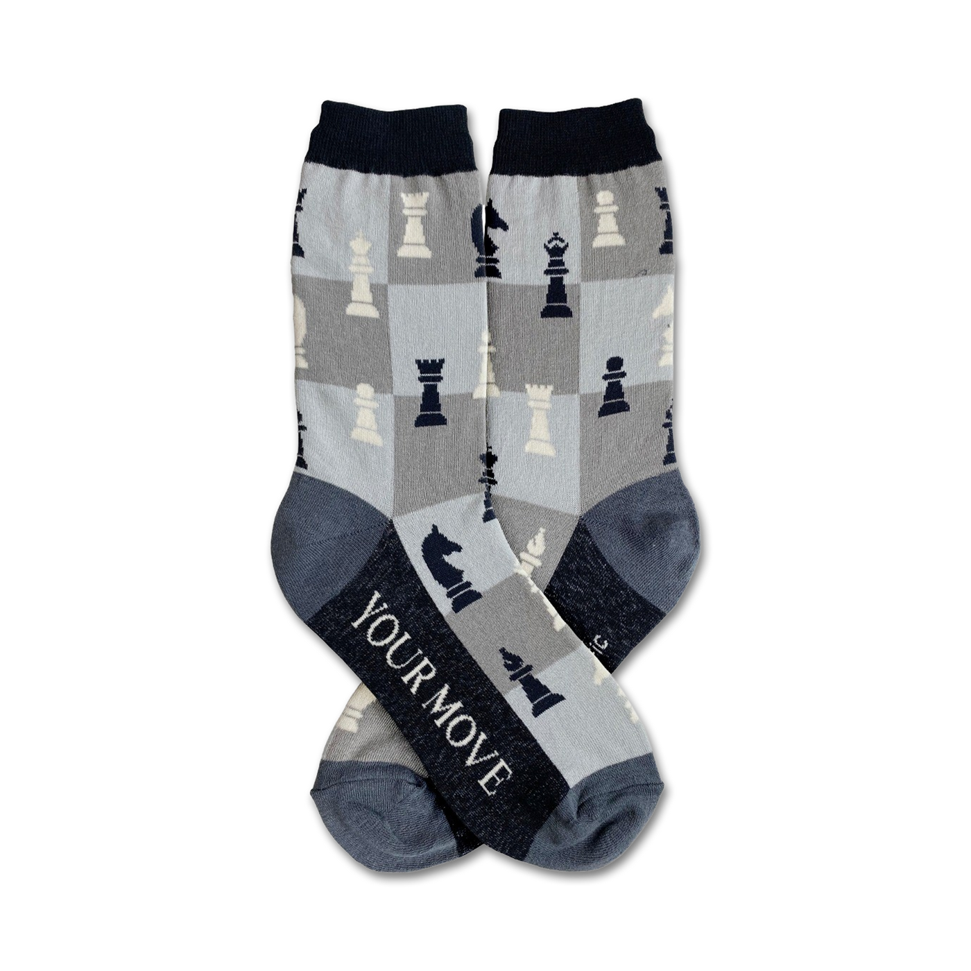 Pair of crew socks in gray and navy blue with a chessboard pattern and chess pieces. The socks say 'YOUR MOVE' on the heel.