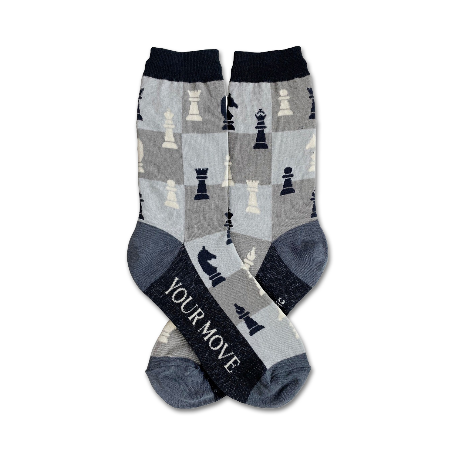 Pair of crew socks in gray and navy blue with a chessboard pattern and chess pieces. The socks say 'YOUR MOVE' on the heel.