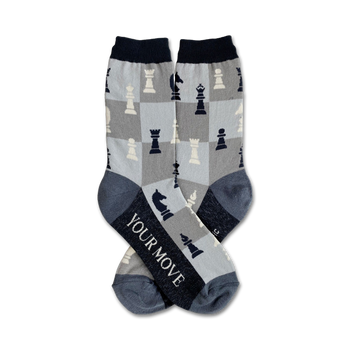 gray crew socks with a chessboard pattern and the words "your move" on the bottom of the left sock.   
