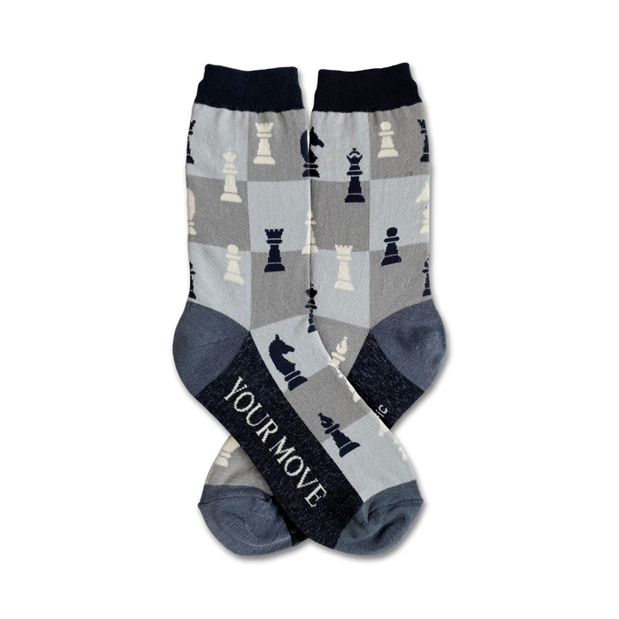 gray crew socks with a chessboard pattern and the words 