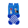 Blue socks showing French Bulldogs in French hats, Bone Jour text, fleur-de-lis trim, and blue and white striped feet.
