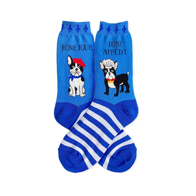 Blue socks showing French Bulldogs in French hats, Bone Jour text, fleur-de-lis trim, and blue and white striped feet.