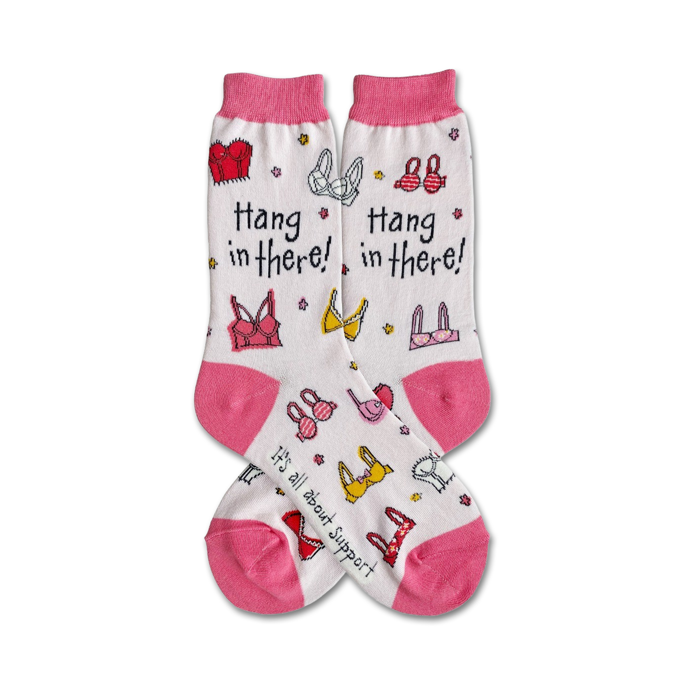 A pair of women's crew socks in white with pink accents. They feature colorful bras and the text 'Hang in there!'