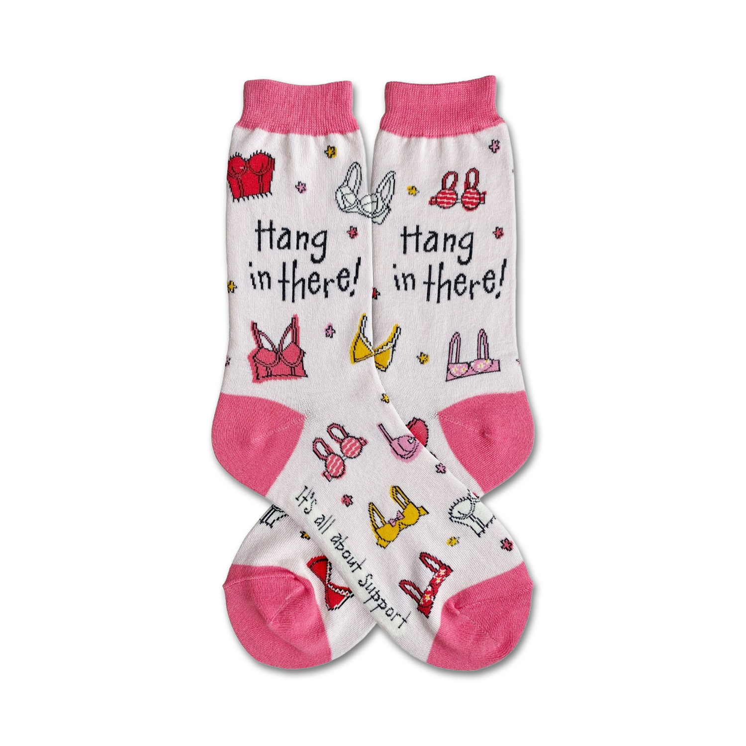 A pair of women's crew socks in white with pink accents. They feature colorful bras and the text 'Hang in there!'