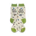 Cream crew socks with green cuffs. Design includes birds, binoculars, and feathers. Text reads 'Bird Nerd'.