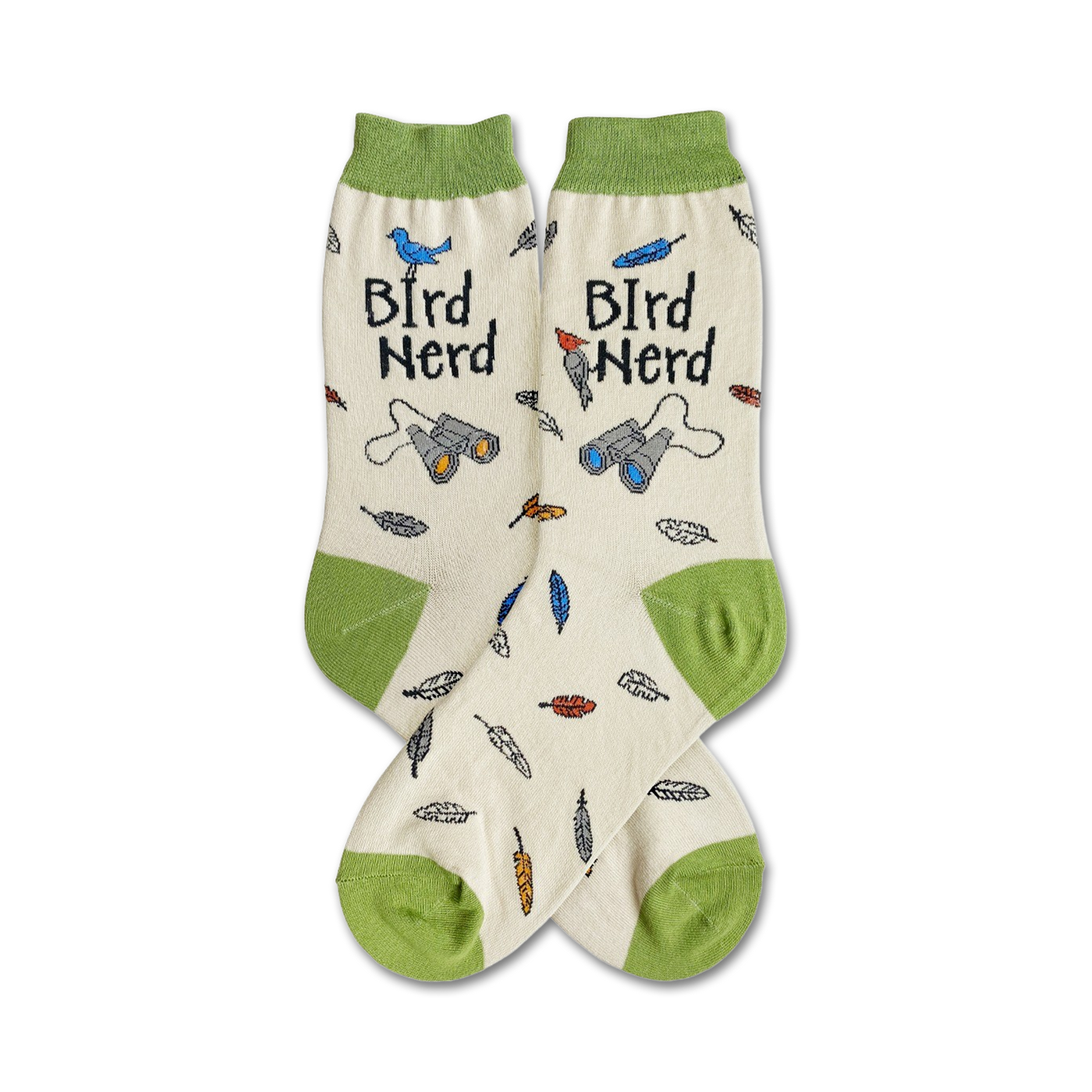 Cream crew socks with green cuffs. Design includes birds, binoculars, and feathers. Text reads 'Bird Nerd'.