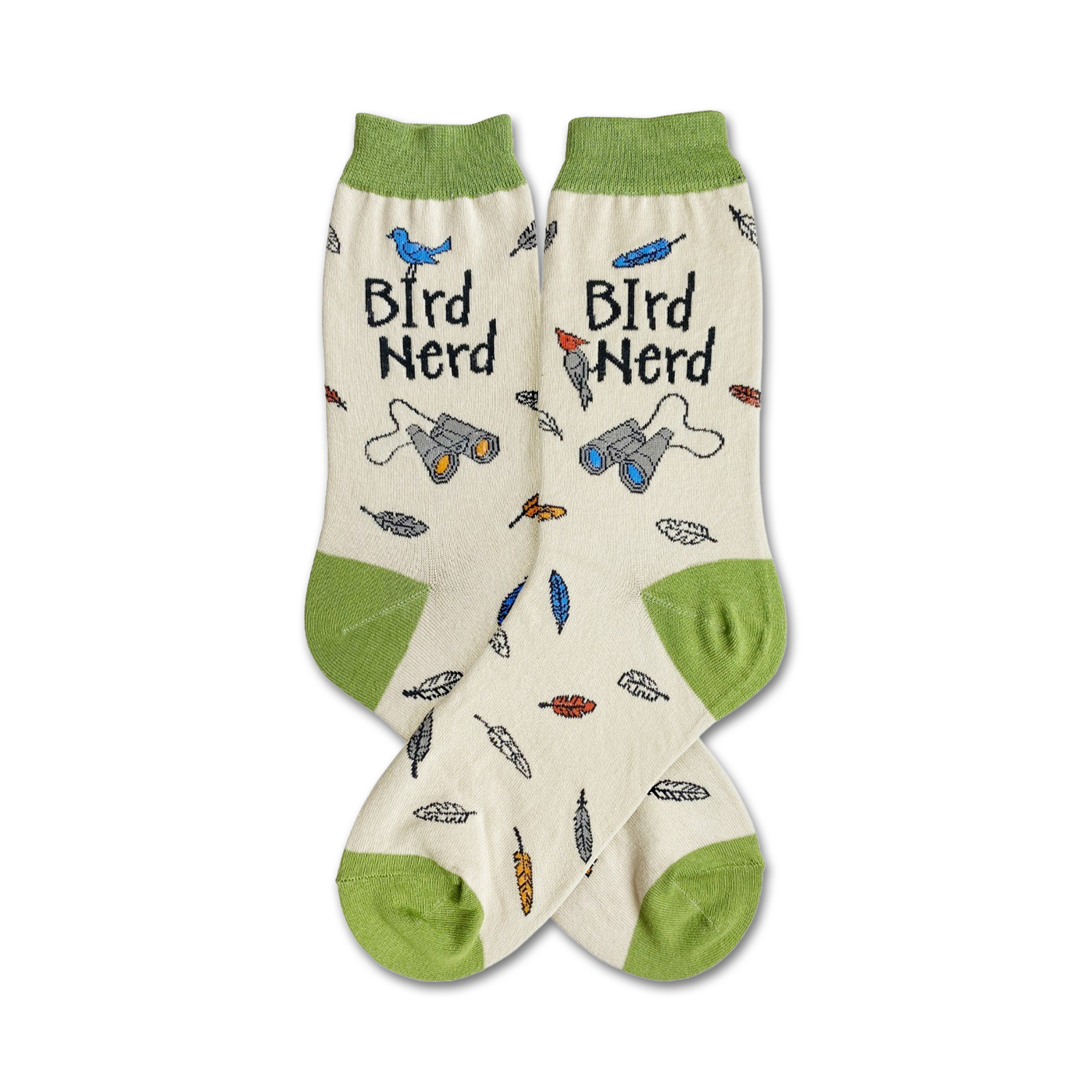 Cream crew socks with green cuffs. Design includes birds, binoculars, and feathers. Text reads 'Bird Nerd'.