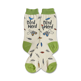 white bird nerd socks featuring blue and green feathers, binoculars, and black lettering.   